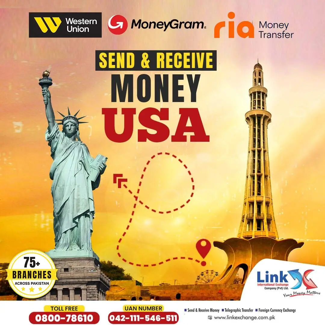 Professional international money transfer service helping customers send money from Pakistan to USA through Link Exchange.